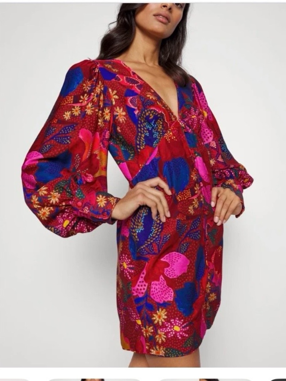 Farm Rio Vibrant Red Floral V-Neck Balloon Sleeve Dress new flaw